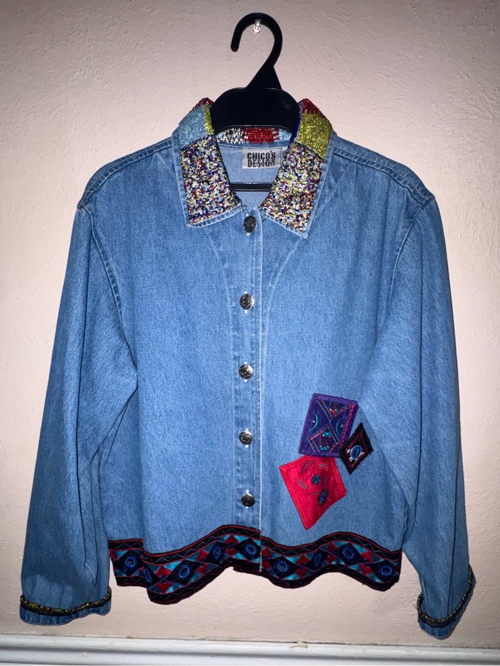 Chico's Light Blue Denim Jacket with Multicolor Beaded Collar